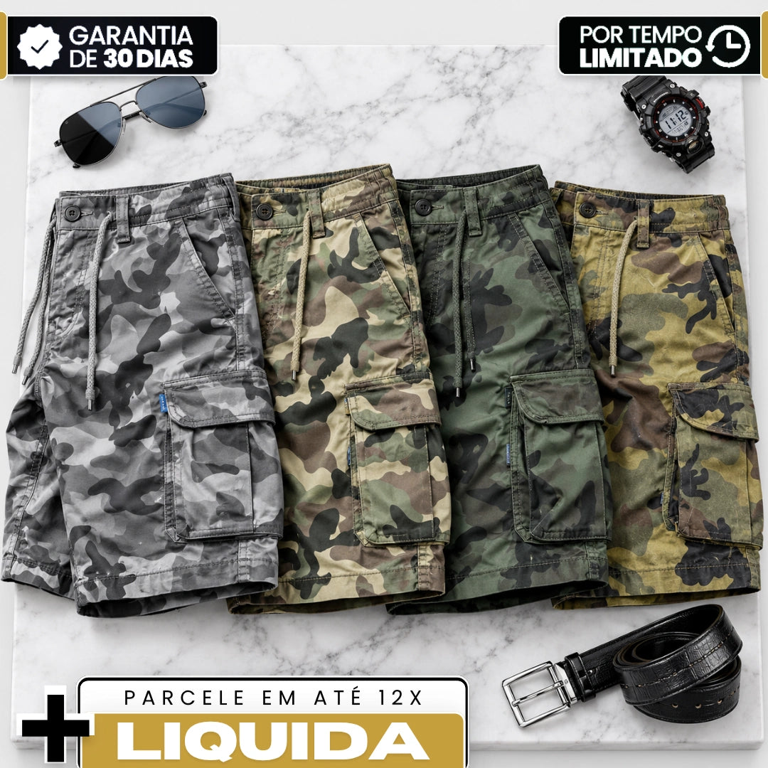 [Leve 4, Pague Só 2] Bermuda Torven Masculina Cargo Camuflada em Tecido Ripstop Resistente, Elastano e Spandex com Aviamentos Rígidos com Bolsos Utilitários + BRINDES