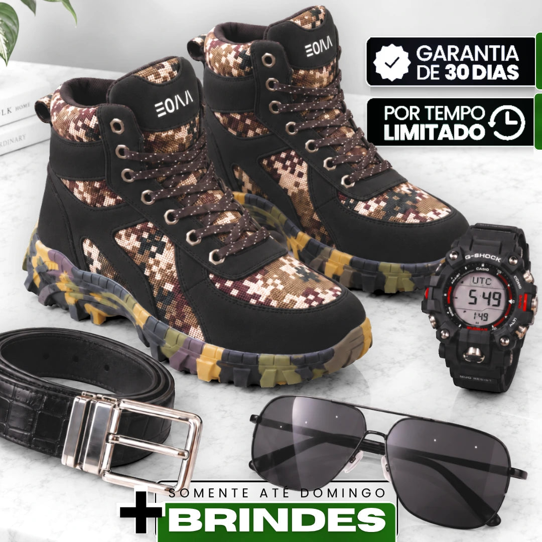 Kit Bota Kronos Masculino em Couro Legítimo, Ripstop e Borracha de Suporte Ortopédico com Cano Curto e Sola Camuflada + BRINDES: Cinto, Relógio e Óculos de Sol