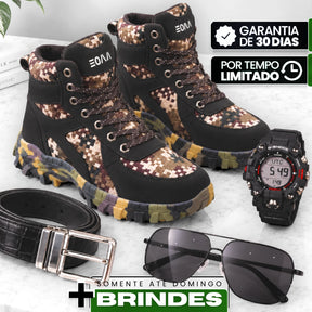 Kit Bota Kronos Masculino em Couro Legítimo, Ripstop e Borracha de Suporte Ortopédico com Cano Curto e Sola Camuflada + BRINDES: Cinto, Relógio e Óculos de Sol