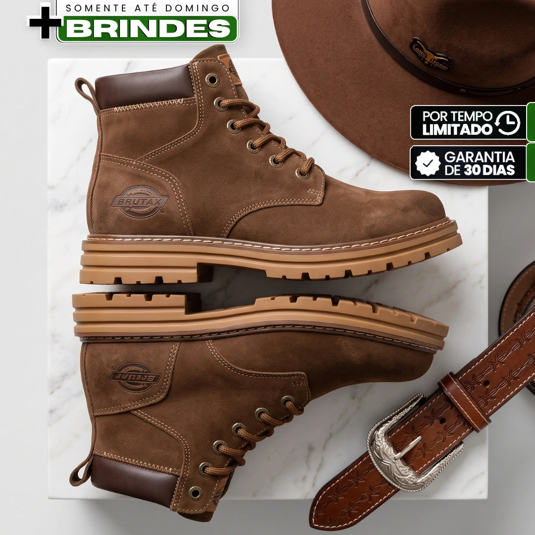 Kit Bota Bravok Ortopédica Masculina em Couro Legítimo de Acabamento Acamurçado com Ilhós Metálicos, Costura Contrastante e Solado Tratorado + 2 BRINDES!