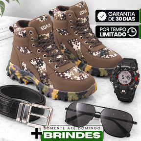 Kit Bota Kronos Masculino em Couro Legítimo, Ripstop e Borracha de Suporte Ortopédico com Cano Curto e Sola Camuflada + BRINDES: Cinto, Relógio e Óculos de Sol