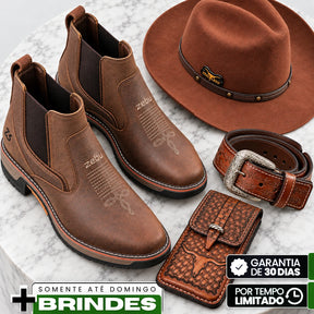 Kit Bota Taurus Masculina em Couro Legítimo, Borracha e Elastano de Alta Resistência com Solado Jump Antiderrapante + BRINDES