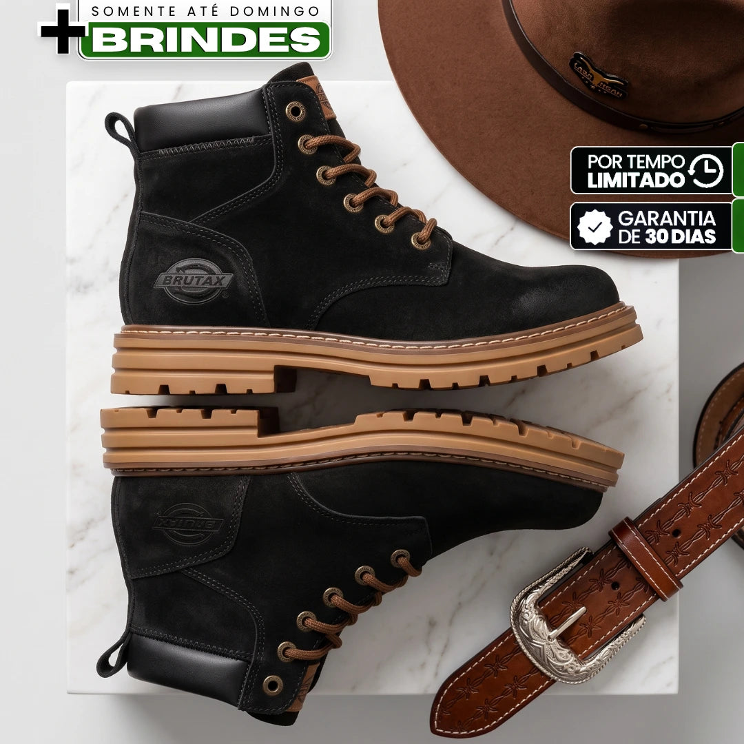 Kit Bota Bravok Ortopédica Masculina em Couro Legítimo de Acabamento Acamurçado com Ilhós Metálicos, Costura Contrastante e Solado Tratorado + 2 BRINDES!