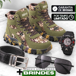 Kit Bota Kronos Masculino em Couro Legítimo, Ripstop e Borracha de Suporte Ortopédico com Cano Curto e Sola Camuflada + BRINDES: Cinto, Relógio e Óculos de Sol