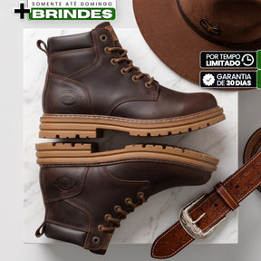 Kit Bota Bravok Ortopédica Masculina em Couro Legítimo de Acabamento Acamurçado com Ilhós Metálicos, Costura Contrastante e Solado Tratorado + 2 BRINDES!
