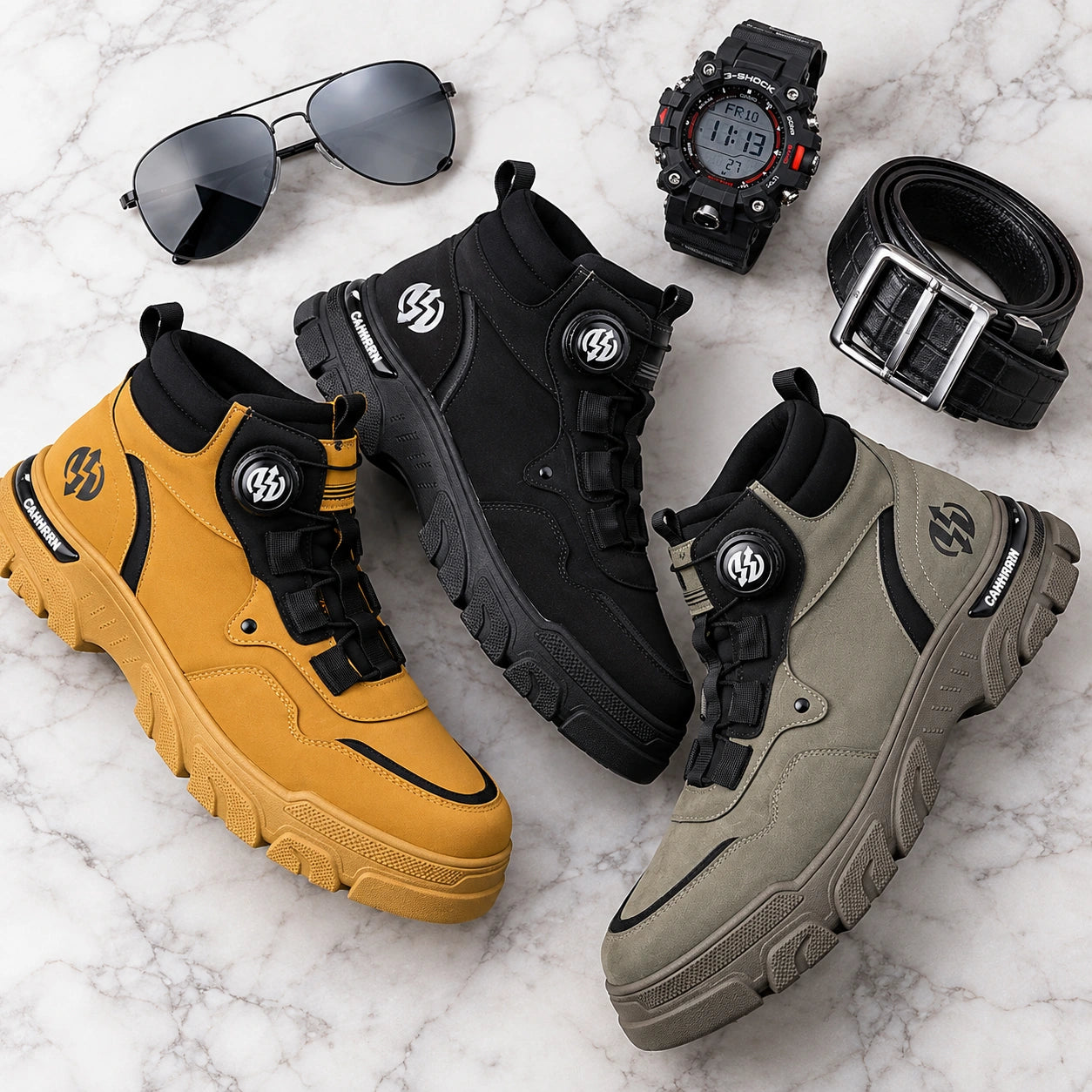 Kit Bota Vorn Masculina em Couro Legítimo de Cano Alto com Solado Tratorado e Ajuste por Disco + BRINDES: Cinto, Relógio e Óculso de Sol